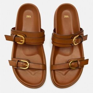Zara Brown Leather Slides with Gold Buckles
